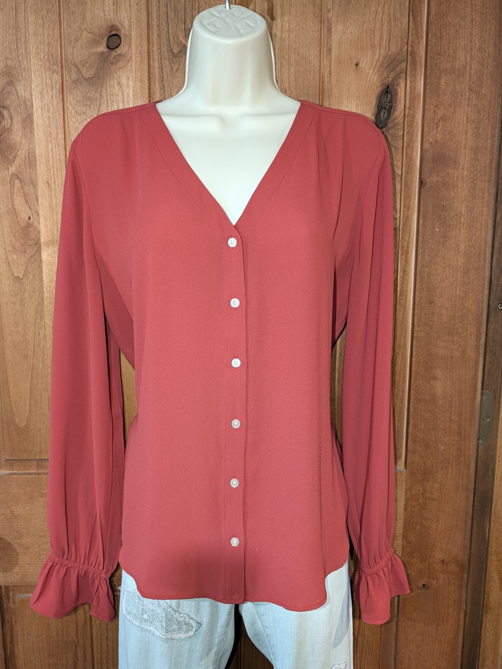 LOFT Muted Red V-Neck Button-Front Long-Sleeve Blouse